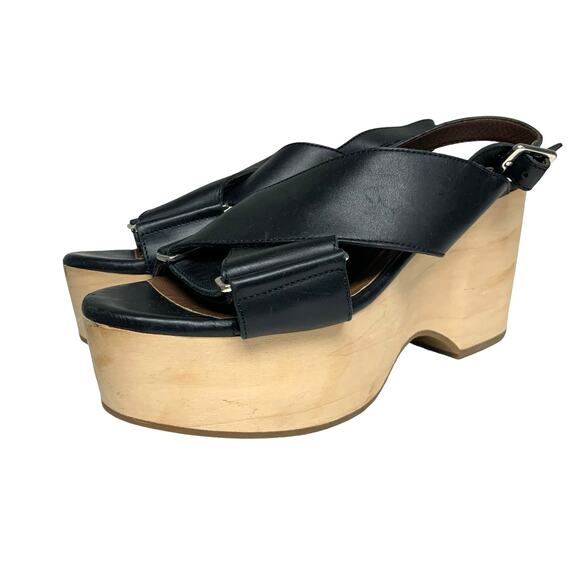 Marni Womens Size 39 Black Leather Wood Platform Sandals - Picture 1 of 10